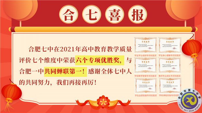 合肥七中在2021你那高中教學(xué)質(zhì)量評價中榮獲六個A專項優(yōu)勝獎，與合肥七中共同蟬聯(lián)第一！.jpg